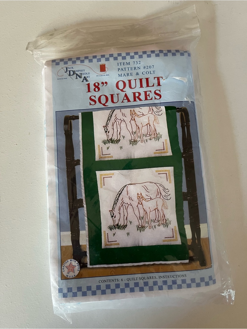 Jack Dempsey Needle Art quilt square kit, Pattern #207 "Mare & Colt" embroidery.